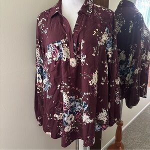 Torrid Harper Blouse Challis Collared Long Sleeve Burgundy Floral Size 2